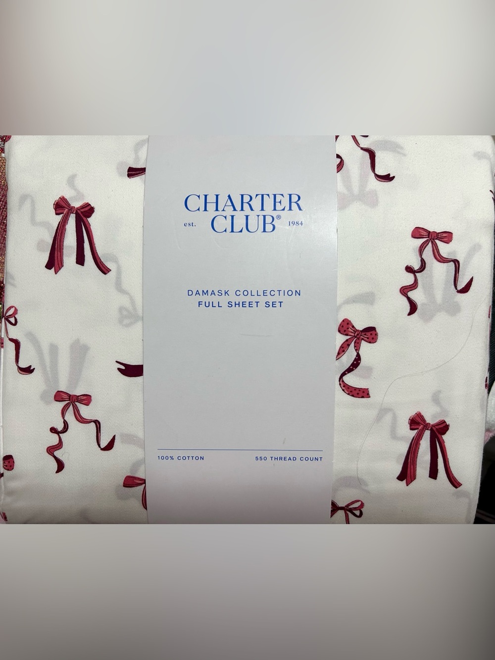 LUX Charter Club Damask 100% Cotton 550 TC FULL Sheet Set $120 White w/Red Bows